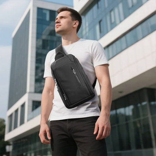 HK Anti-theft Men's Shoulder Bag Waterproof Chest Crossbody Bag with USB Oxford Leisure Satchel Multi-Pockets Sling Bag for Male - Teglex