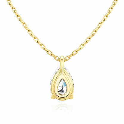 Gold necklace with a teardrop-shaped pendant on a white background