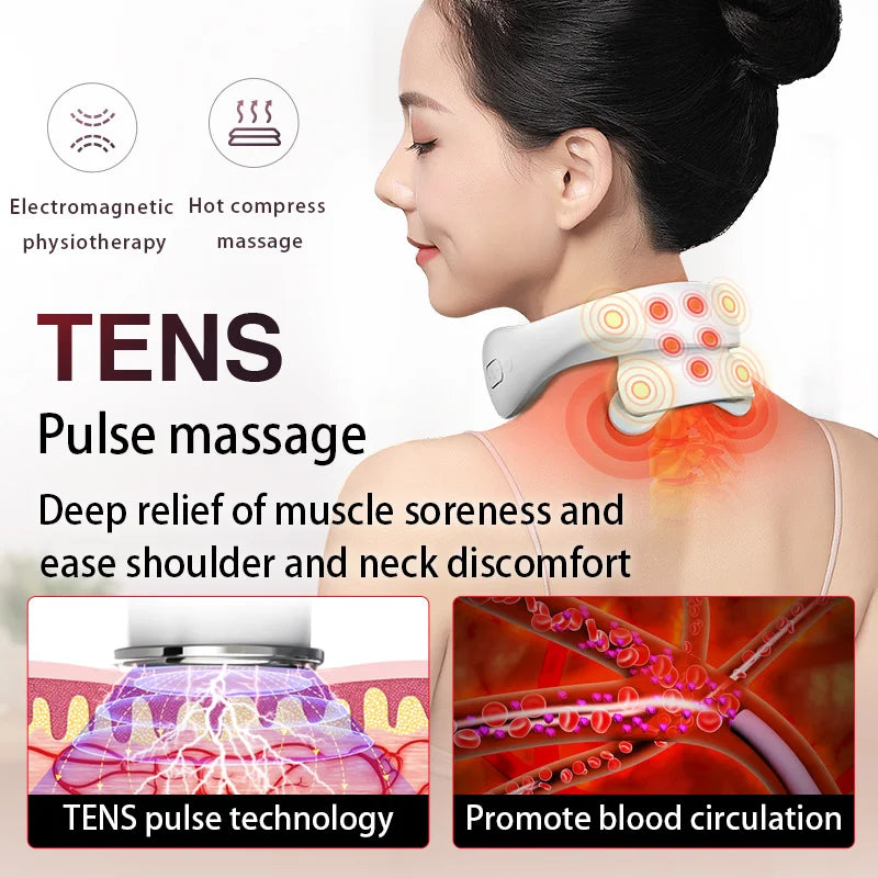 Woman using a TENS pulse massage device on her neck with text explaining its benefits.