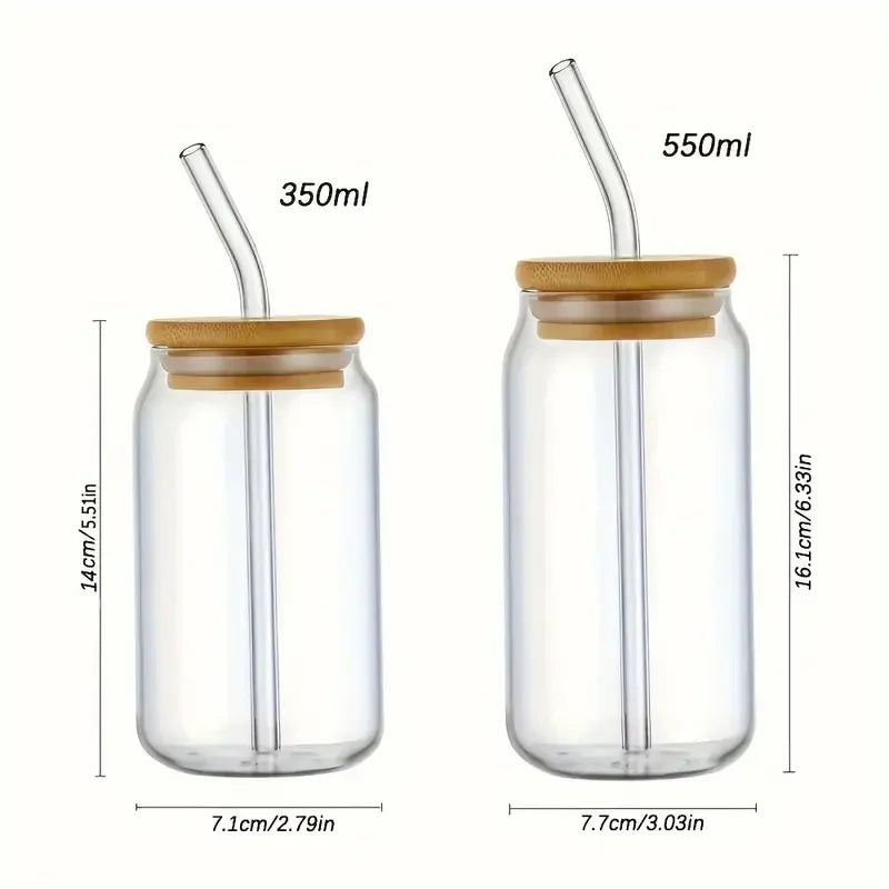 Two glass jars with bamboo lids and straws, showing measurements on a white background.