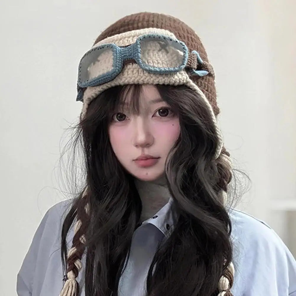 Korean Niche Pilot Knitted Hat With Detachable Glasses Funny Knitted Beanie Cap Unisex Autumn Winter Warm Ear Protection Hats