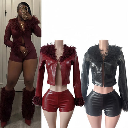 FAGADOER Sexy Fur Leather Patchwork 2 Pieces Set for Woman Outfits Solid Color Long Sleeves Crop Top + Shorts Female Streetwear