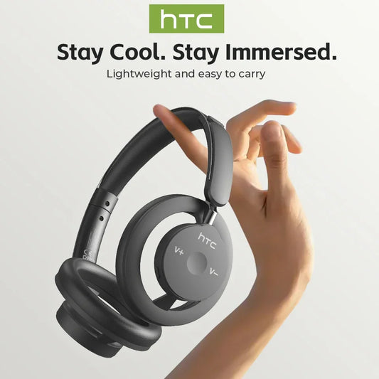 Hand holding a pair of HTC headphones with promotional text on a light gray background