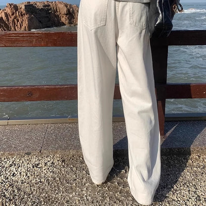 Lockere weiße Wide-Leg-Jeans für Damen, mit Falten, hoher Taille, gerades weites Bein, Mopping-Hose