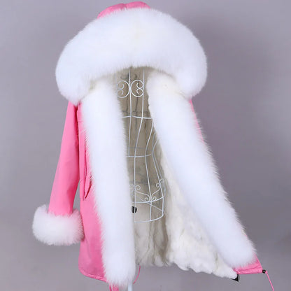 MAOMAOKONG 2023 Abnehmbarer Echtfuchs Pelzkragen Mäntel Damen Winterjacke Kapuze Kaninchenfellfutter Lange Parkas Damenbekleidung