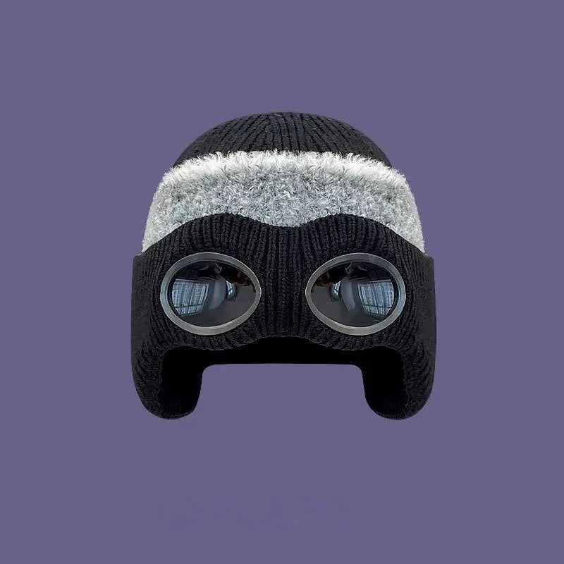 Pilot Goggles with Fleece Knit Hat for Autumn and Winter Cold Weather Protection, Warm Woolen Hat for Men and Women, Versatile T