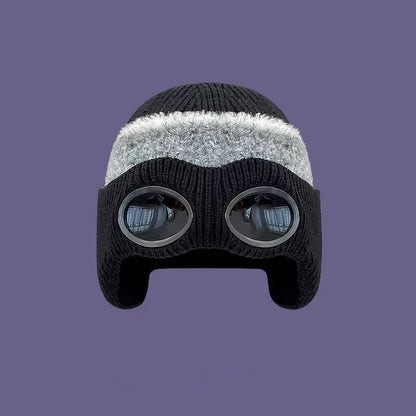 Pilot Goggles with Fleece Knit Hat for Autumn and Winter Cold Weather Protection, Warm Woolen Hat for Men and Women, Versatile T