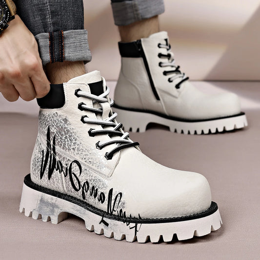 Herren-Outdoorstiefel mit dicker Sohle, High-Top, Schnürung, Graffiti-Druck, Tooling-Stiefel, Trend, vielseitig, erhöhend, Weiß 2025 Neu