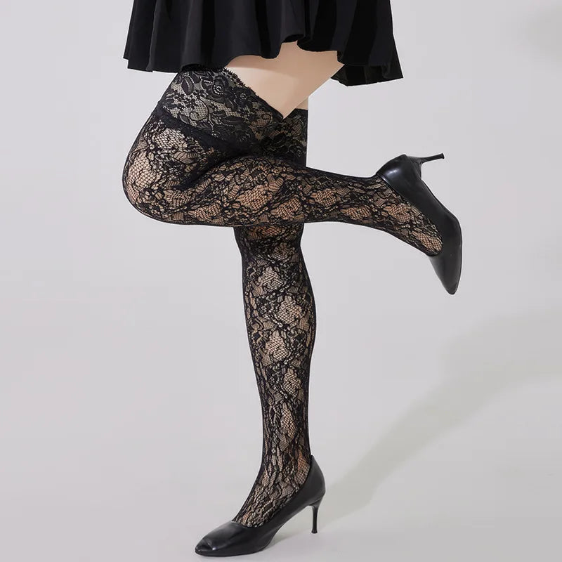 Plus Size Lace Fishnet Stockings For Women Sexy Hollow Out Mesh Solid Color Knee Socks Female Fishing Net Stretch Long Socks New