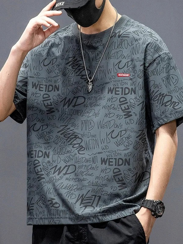 plus Size Men's T-Shirt Short Sleeve Printed Loose Fit Summer Trendy Cotton Polyester Blend round Neck Five-Quarter Sleeve