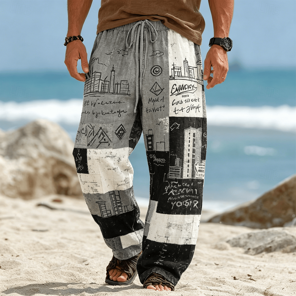 Men's Ethnic Patch Print Drawstring Pants