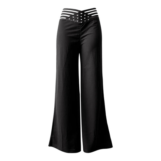 Women's Flared Wide Leg Pants High Waist Mesh Patch