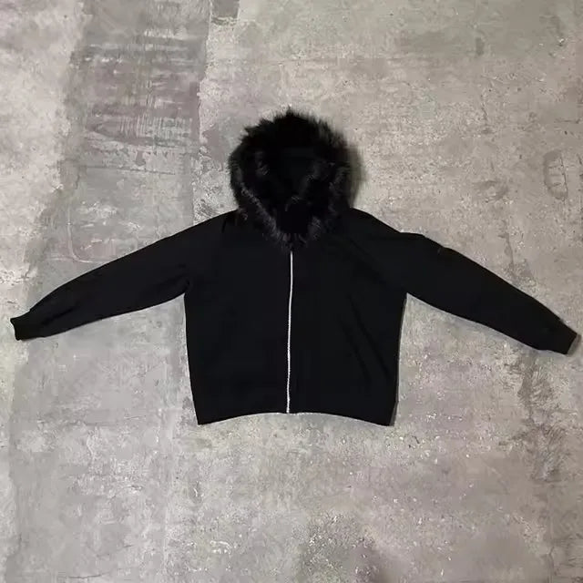 Fluffy Hat Hoodie Solid Color Casual Long Sleeve Hoodie Retro Coat Street Trend y2k