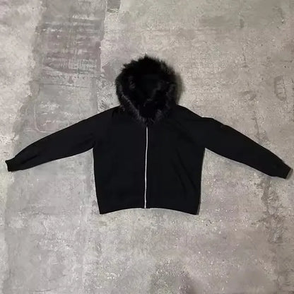 Fluffy Hat Hoodie Solid Color Casual Long Sleeve Hoodie Retro Coat Street Trend y2k