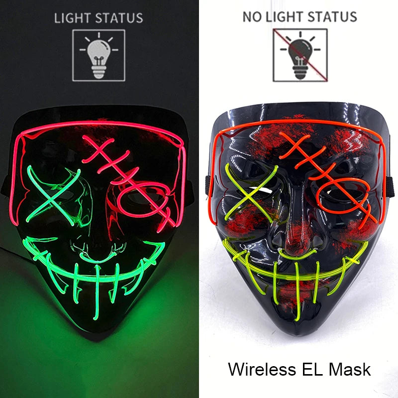 Drahtlose Neon-LED-Reinigungsmaske, im Dunkeln leuchtende Cosplay-Horrormaske, Halloween-Maskerade-Partymasken, leuchtende, lustige Verkleidung