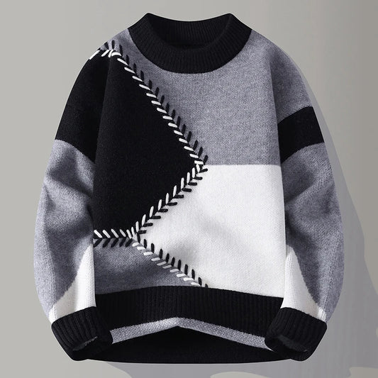 Men's O-Neck Patchwork Knit Pullover Sweater Loose Warm