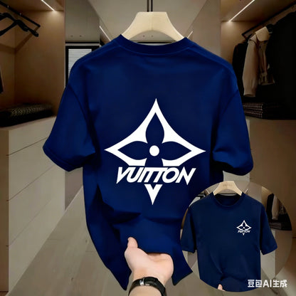 Blue t-shirt with white logo on a hanger in a room setting