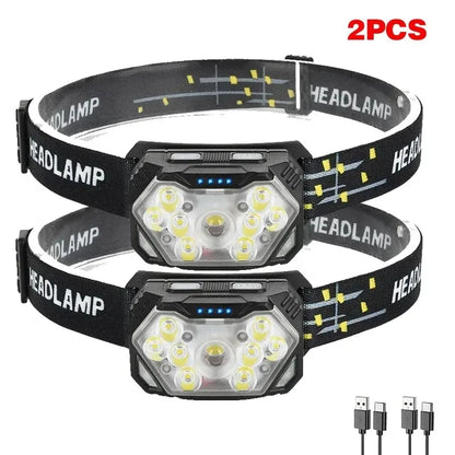 9 LED Stirnlampe mit starkem Licht, USB wiederaufladbar, Bewegungssensor, tragbare Angel-Camping-Outdoor-Kopflampe, Arbeits-Taschenlampe