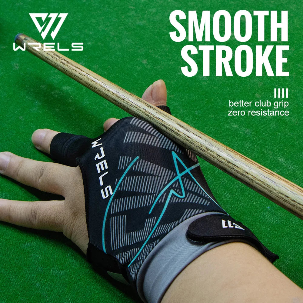 Hand wearing a WELS glove holding a pool cue on a green felt background with 'Smooth Stroke' text.