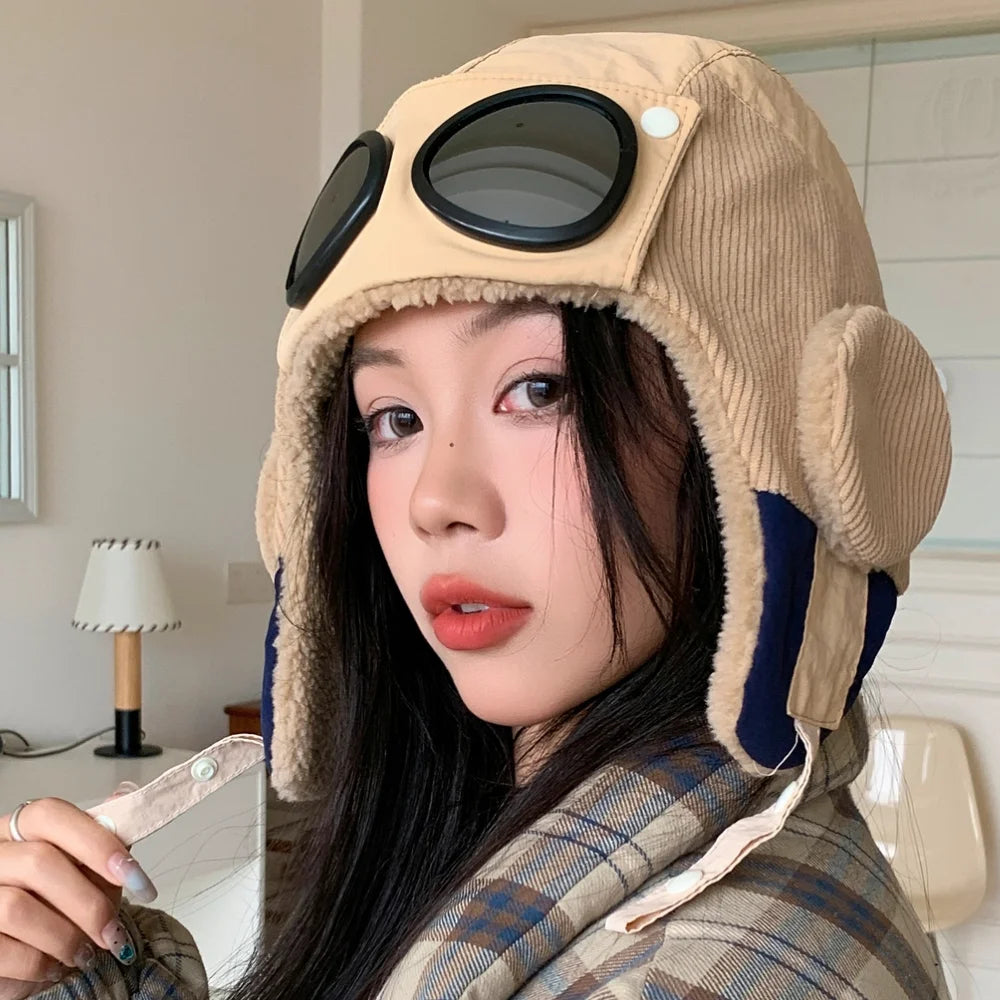 Neue Damen Warme Bombermützen mit Brille Plüsch Fell Wintermütze mit Ohrenklappen Winter Dandy Cap für Frauen