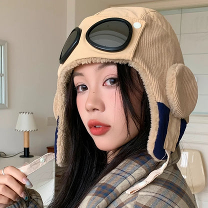 Neue Damen Warme Bombermützen mit Brille Plüsch Fell Wintermütze mit Ohrenklappen Winter Dandy Cap für Frauen