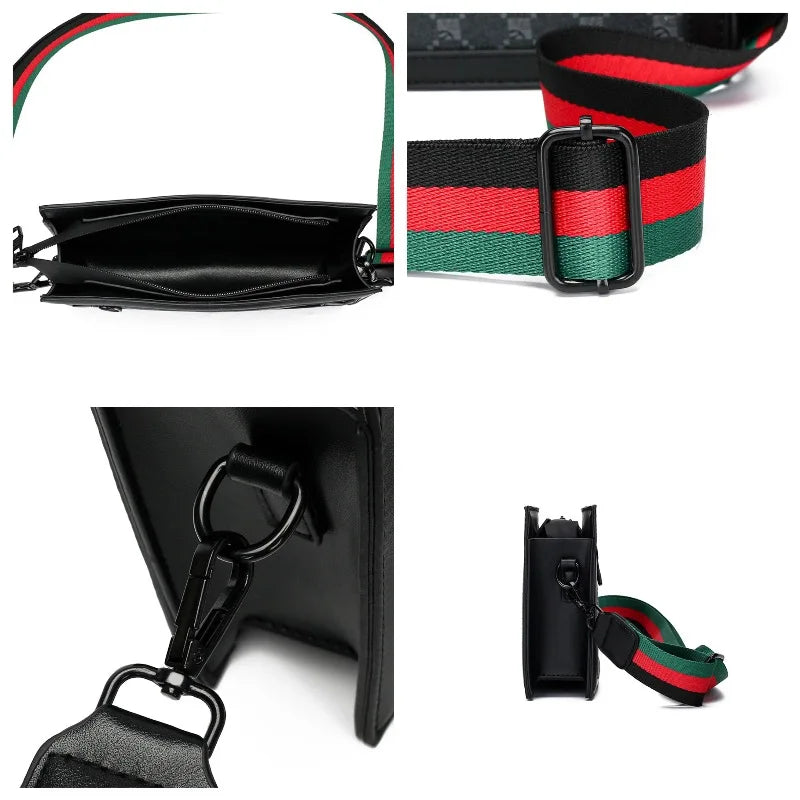 Black bag with red and green striped strap and black buckle