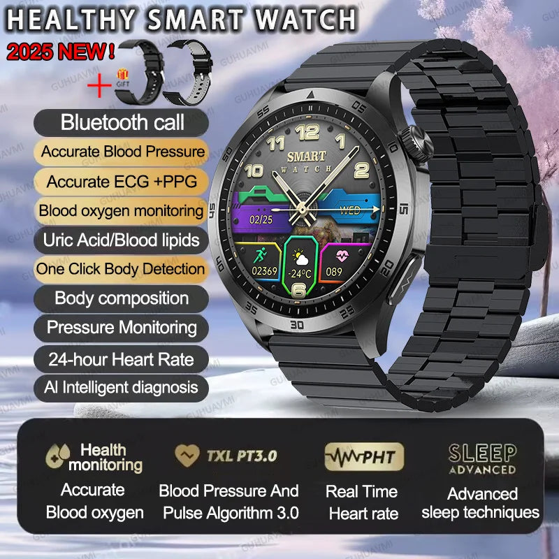 EKG-PPG-Smartwatch für Herren – Blutdruck-, Blutfett- und Harnsäuremonitor mit Bluetooth-Anruffunktion