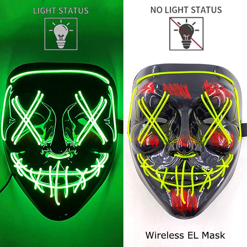 Drahtlose Neon-LED-Reinigungsmaske, im Dunkeln leuchtende Cosplay-Horrormaske, Halloween-Maskerade-Partymasken, leuchtende, lustige Verkleidung