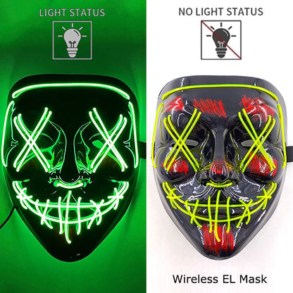 Drahtlose Neon-LED-Reinigungsmaske, im Dunkeln leuchtende Cosplay-Horrormaske, Halloween-Maskerade-Partymasken, leuchtende, lustige Verkleidung