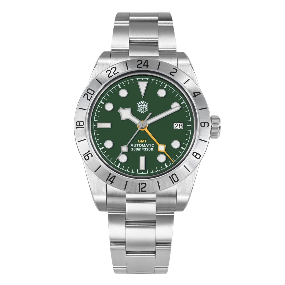 Silver watch with green dial on a white background
