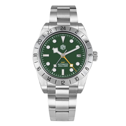 Silver watch with green dial on a white background