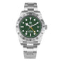 Silver watch with green dial on a white background