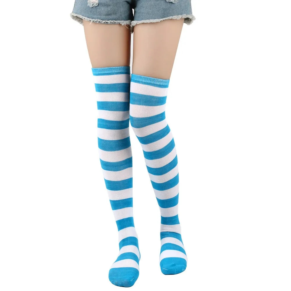 1 Paar stylische knielange JK-Socken, Damen-Streifensocken, hohe Socken, Mädchen-Oberschenkel-Socken. Mehrfarbige gestreifte niedliche Socken