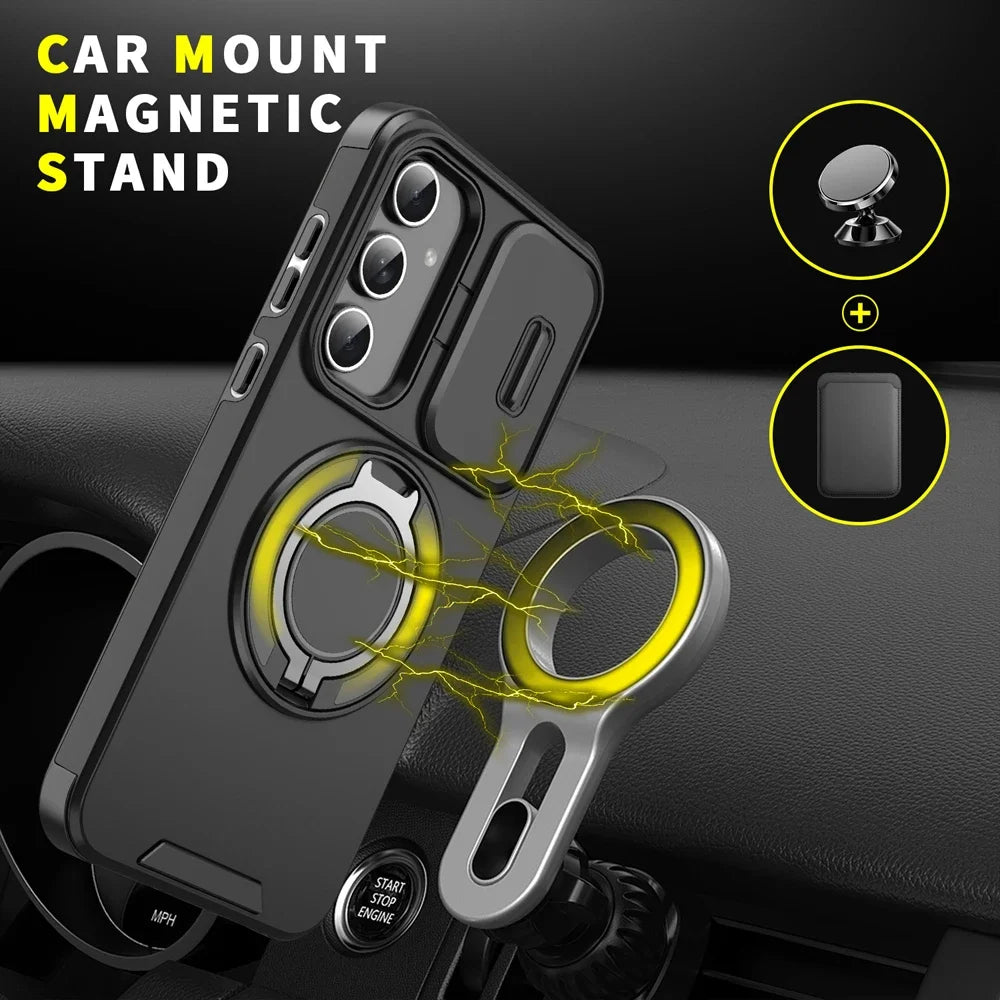 Car mount magnetic stand with phone case and ring holder on a dark background