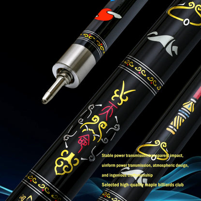 12.5mm Multi-Layer Tip Hard Maple Pool Cue with Gold Stamped Patterns - 58.66 Inch Stainless Steel Quick-Release Joint
