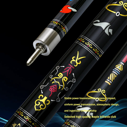 12.5mm Multi-Layer Tip Hard Maple Pool Cue with Gold Stamped Patterns - 58.66 Inch Stainless Steel Quick-Release Joint