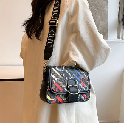 Winter Hot Sale Contrasting Color Letter Inkjet  Square Bag Luxury Trendy Single Shoulder Width Webbing Crossbody Women's Bag