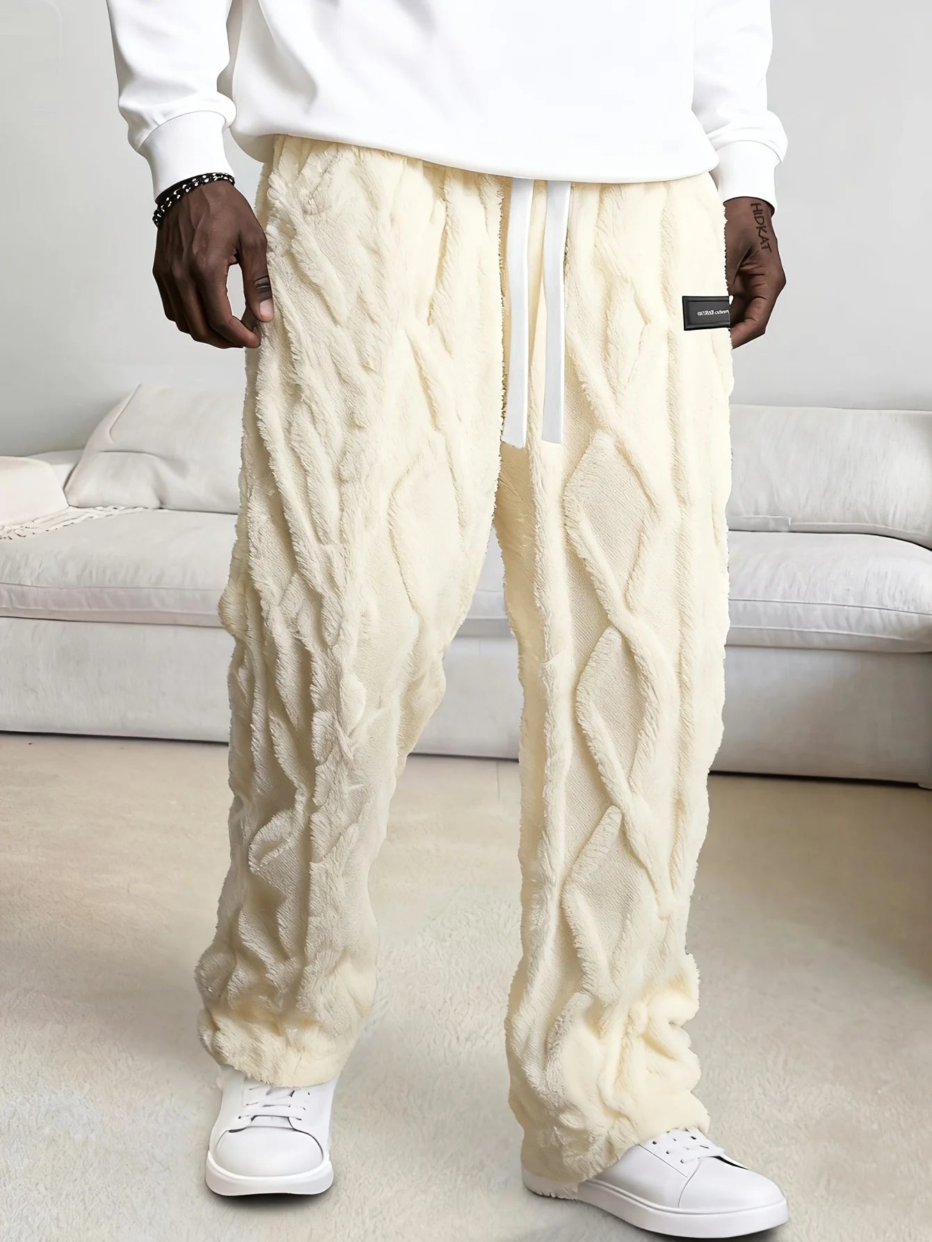 Men'S Winter Warm Fleece-Lined Pants with Drawstring Waist - Cozy Geometric Pattern Lightweight & Comfortable Outdoor Activities