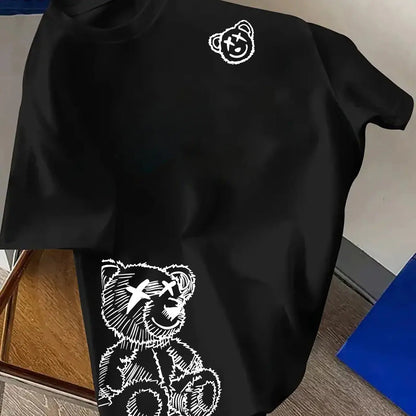 00% reine Baumwolle Herren Cartoon Bär Muster bedrucktes modisches lässiges lockeres Sport Rundhals Kurzarm T-Shirt Oberteil