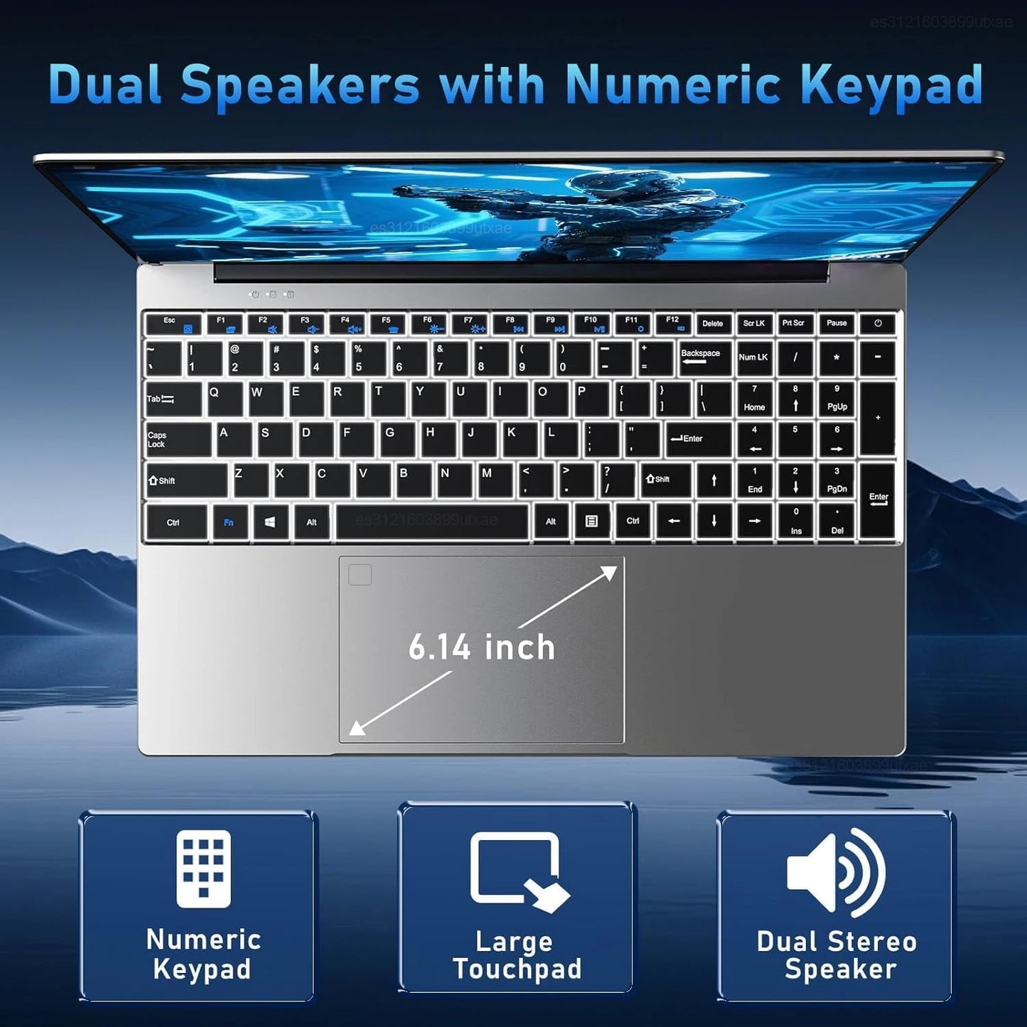 Laptop with dual speakers and numeric keypad on a blue gradient background