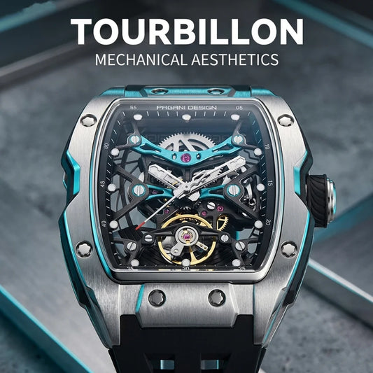 Luxury watch with mechanical components on a gray background, featuring the brand 'PAGANI DESIGN'.