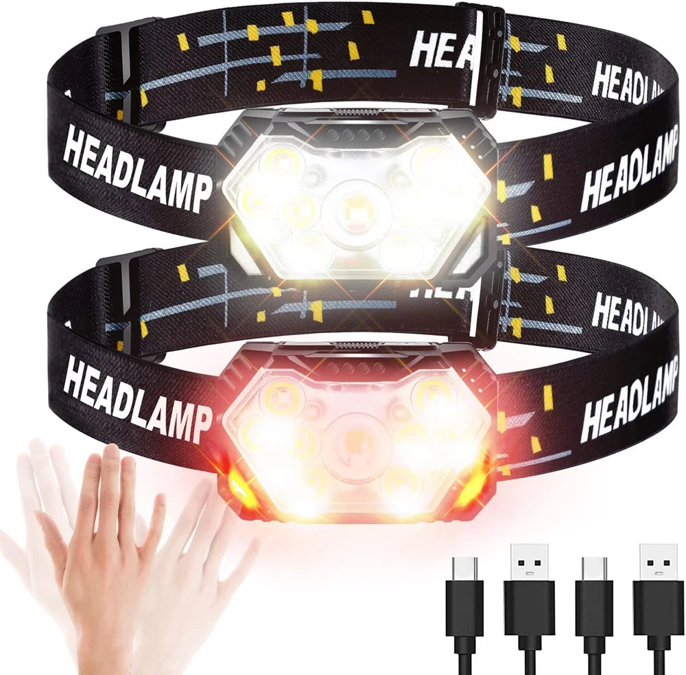 9 LED Stirnlampe mit starkem Licht, USB wiederaufladbar, Bewegungssensor, tragbare Angel-Camping-Outdoor-Kopflampe, Arbeits-Taschenlampe