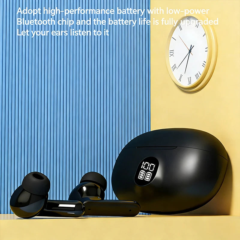 Black wireless earbuds with charging case on a yellow and blue striped background with a clock.