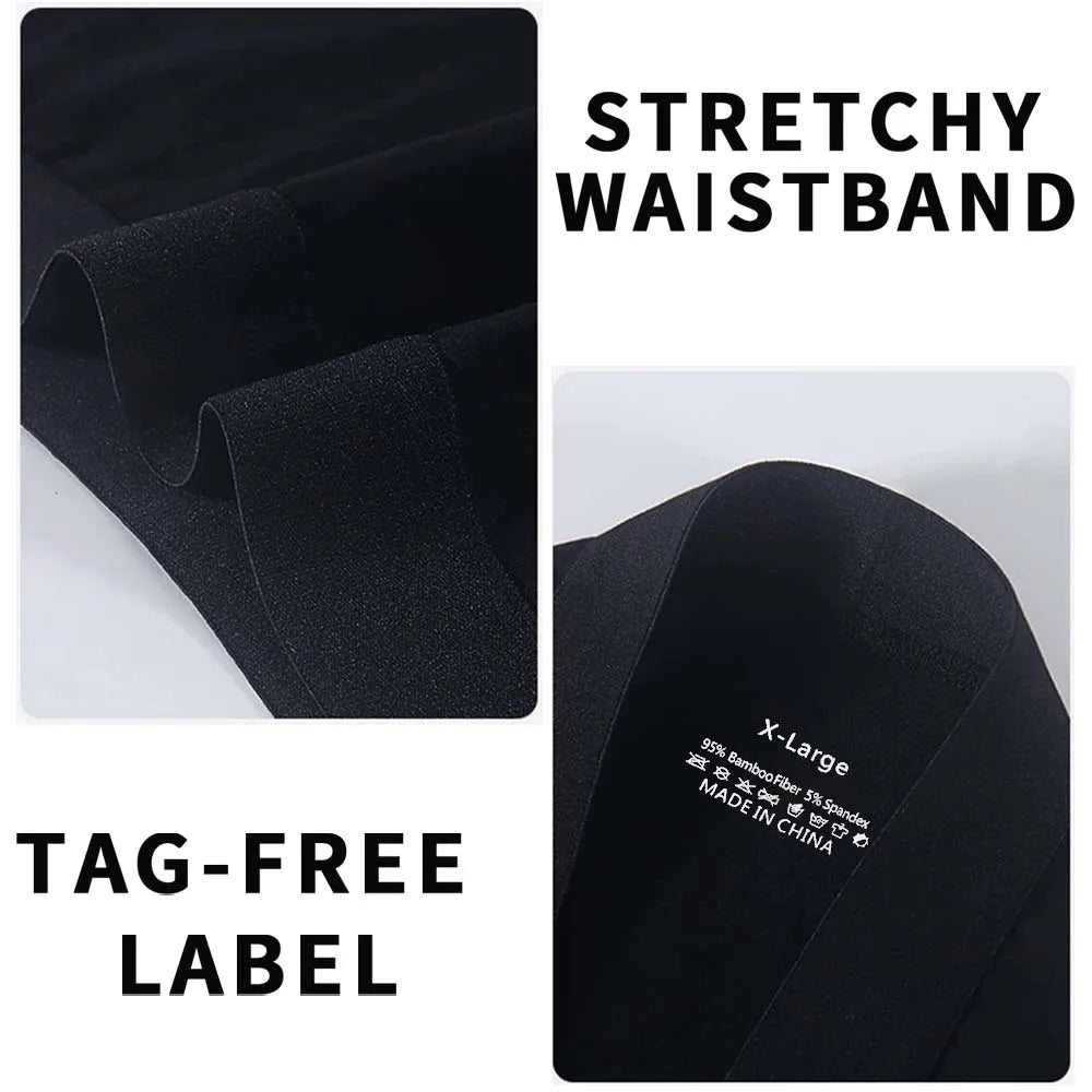 Black fabric with stretchy waistband and tag-free label text on a white background