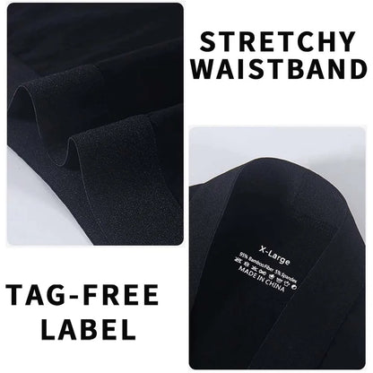 Black fabric with stretchy waistband and tag-free label text on a white background
