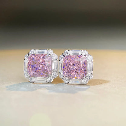 Luxury white gold solid platinum PT950 pink diamond earrings cherry powder ins wind ray dean ice flower cut