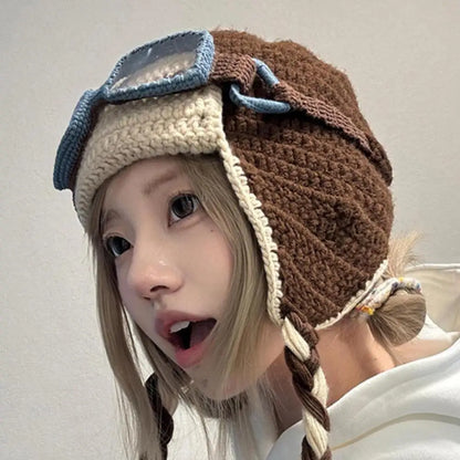 Korean Niche Pilot Knitted Hat With Detachable Glasses Funny Knitted Beanie Cap Unisex Autumn Winter Warm Ear Protection Hats