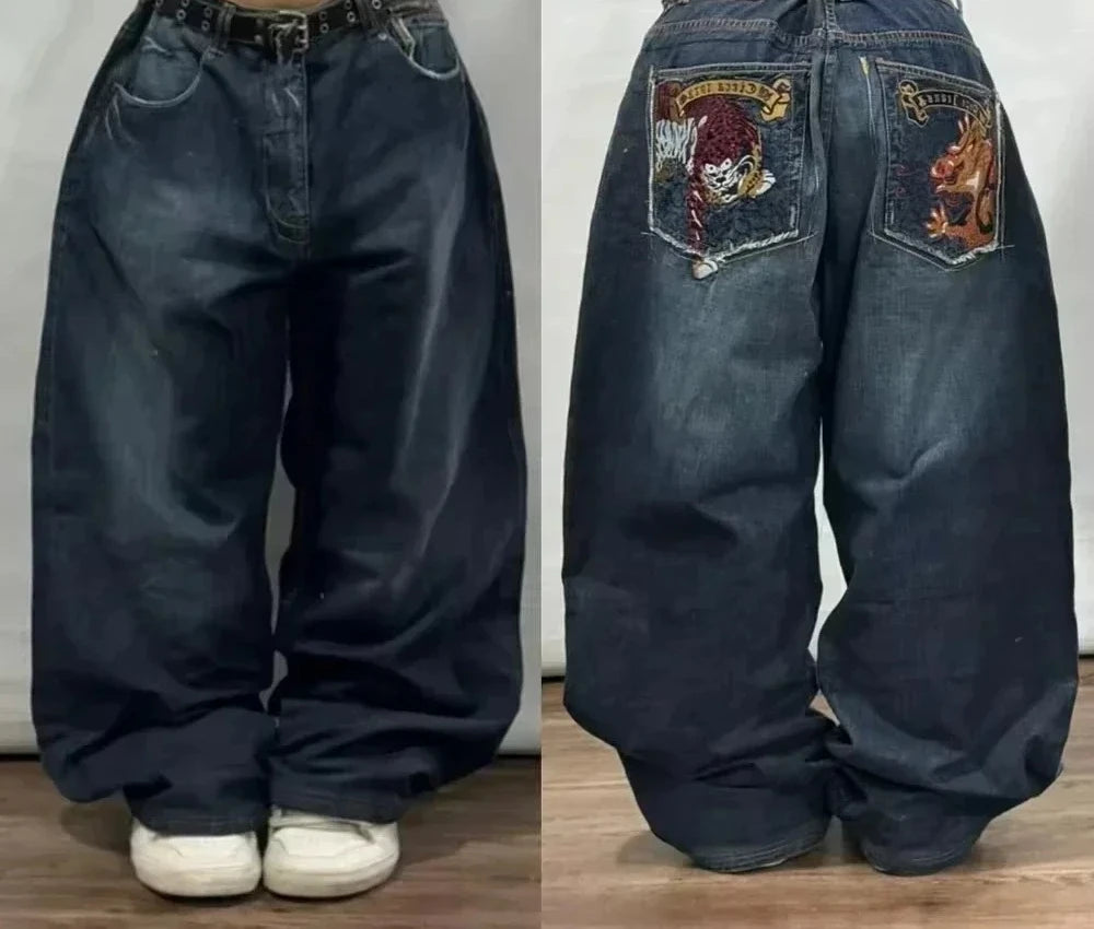 Street Fashion Trend Totenkopf bestickte Jeans Damen Harajuku Y2K Neue Hip Hop Joker Straight Wide-Leg Hosen Paar Freizeitjeans