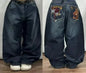 Street Fashion Trend Totenkopf bestickte Jeans Damen Harajuku Y2K Neue Hip Hop Joker Straight Wide-Leg Hosen Paar Freizeitjeans