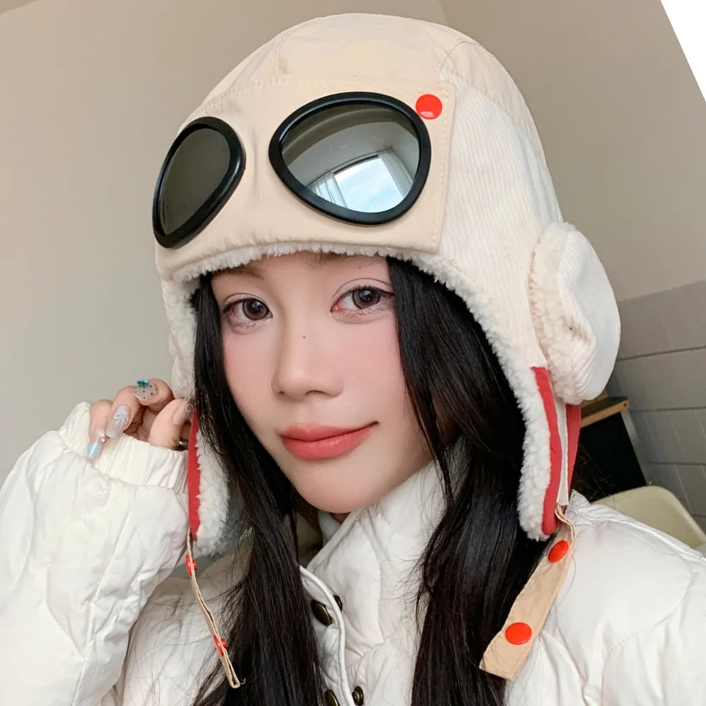 Neue Damen Warme Bombermützen mit Brille Plüsch Fell Wintermütze mit Ohrenklappen Winter Dandy Cap für Frauen